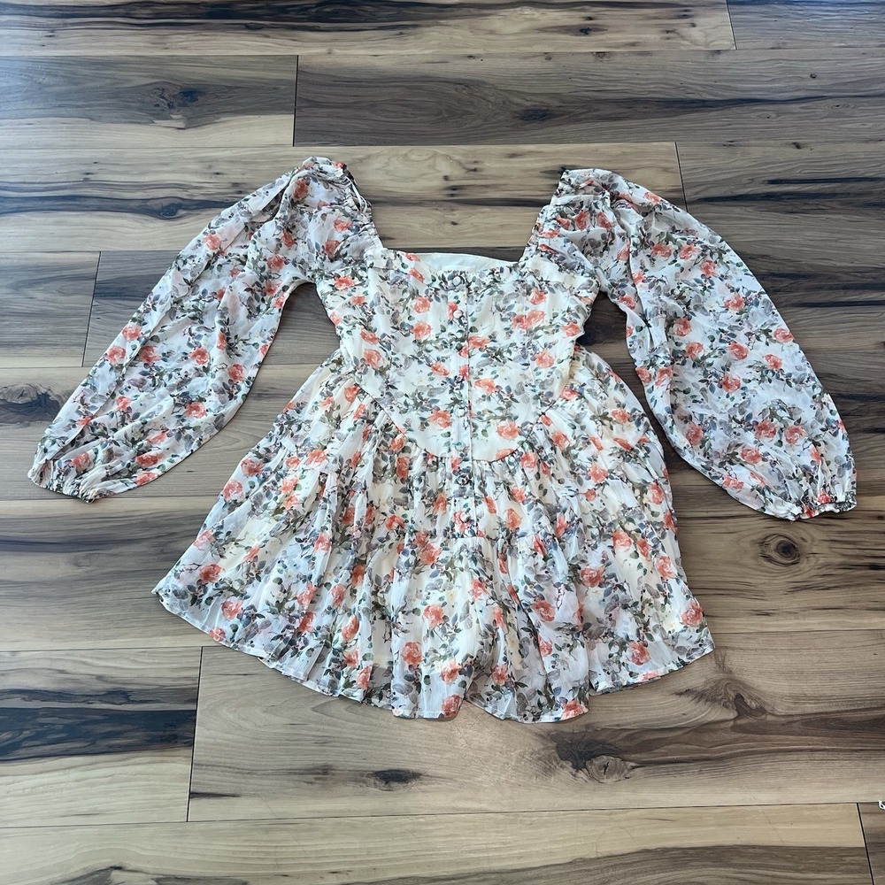 Promesa Cream Floral Puff Sleeve Romper with Peach Accents
